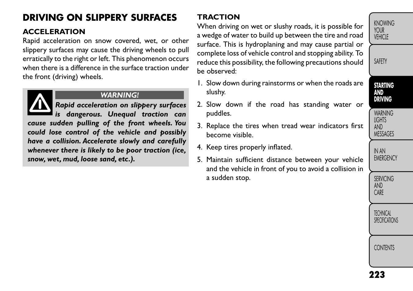 Driving on slippery surfaces | FIAT Freemont User Manual | Page 229 / 352