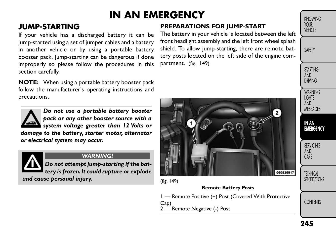 Jump-starting | FIAT Freemont User Manual | Page 251 / 352