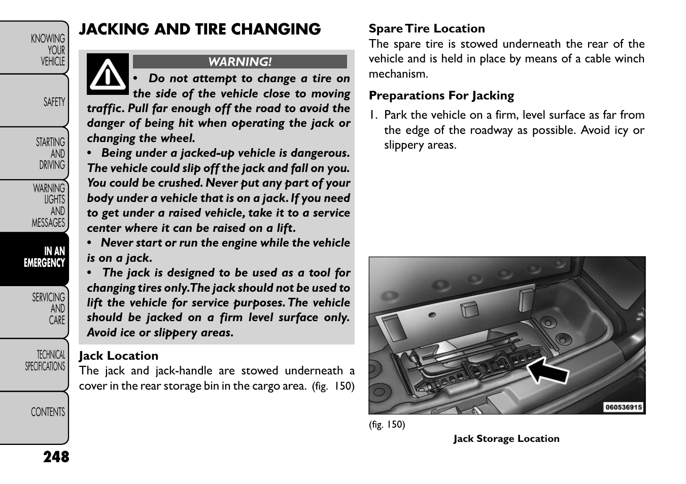 Jacking and tire changing | FIAT Freemont User Manual | Page 254 / 352