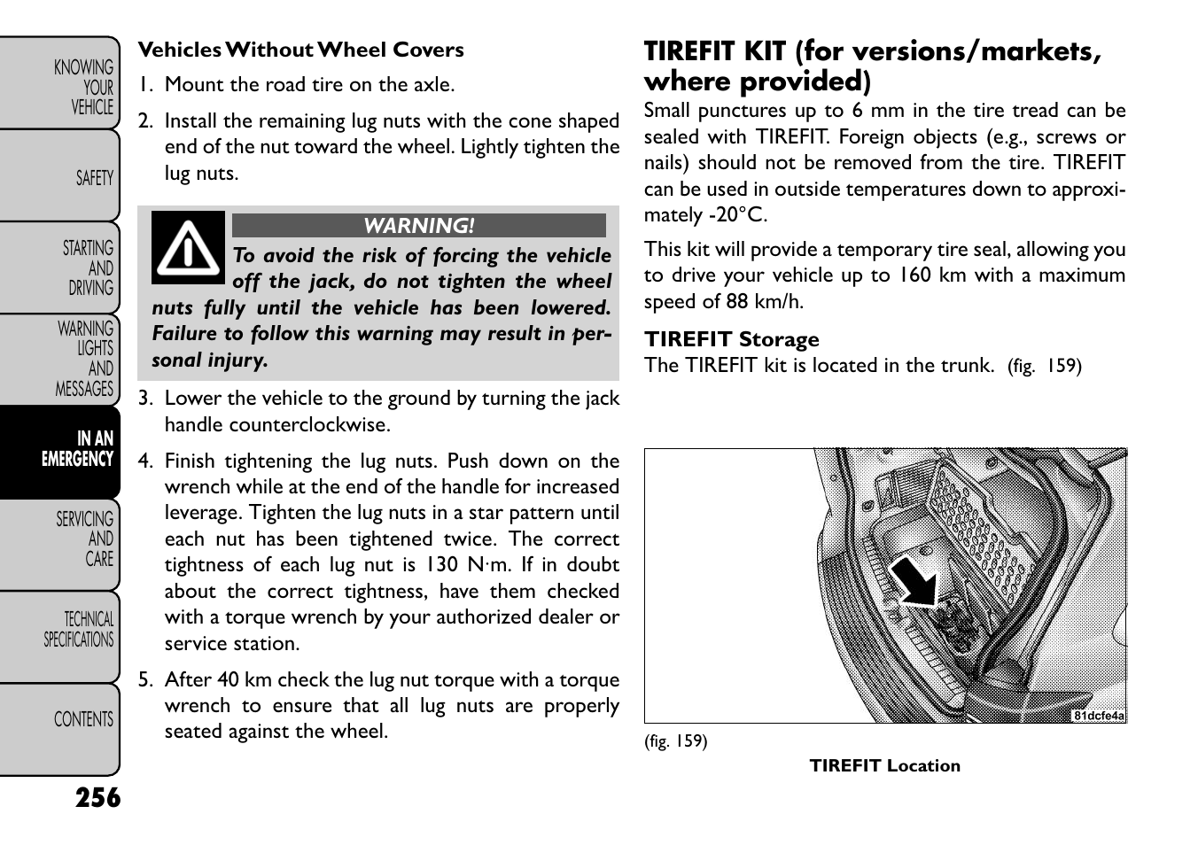 Tirefit kit (for versions/markets, where provided) | FIAT Freemont User Manual | Page 262 / 352