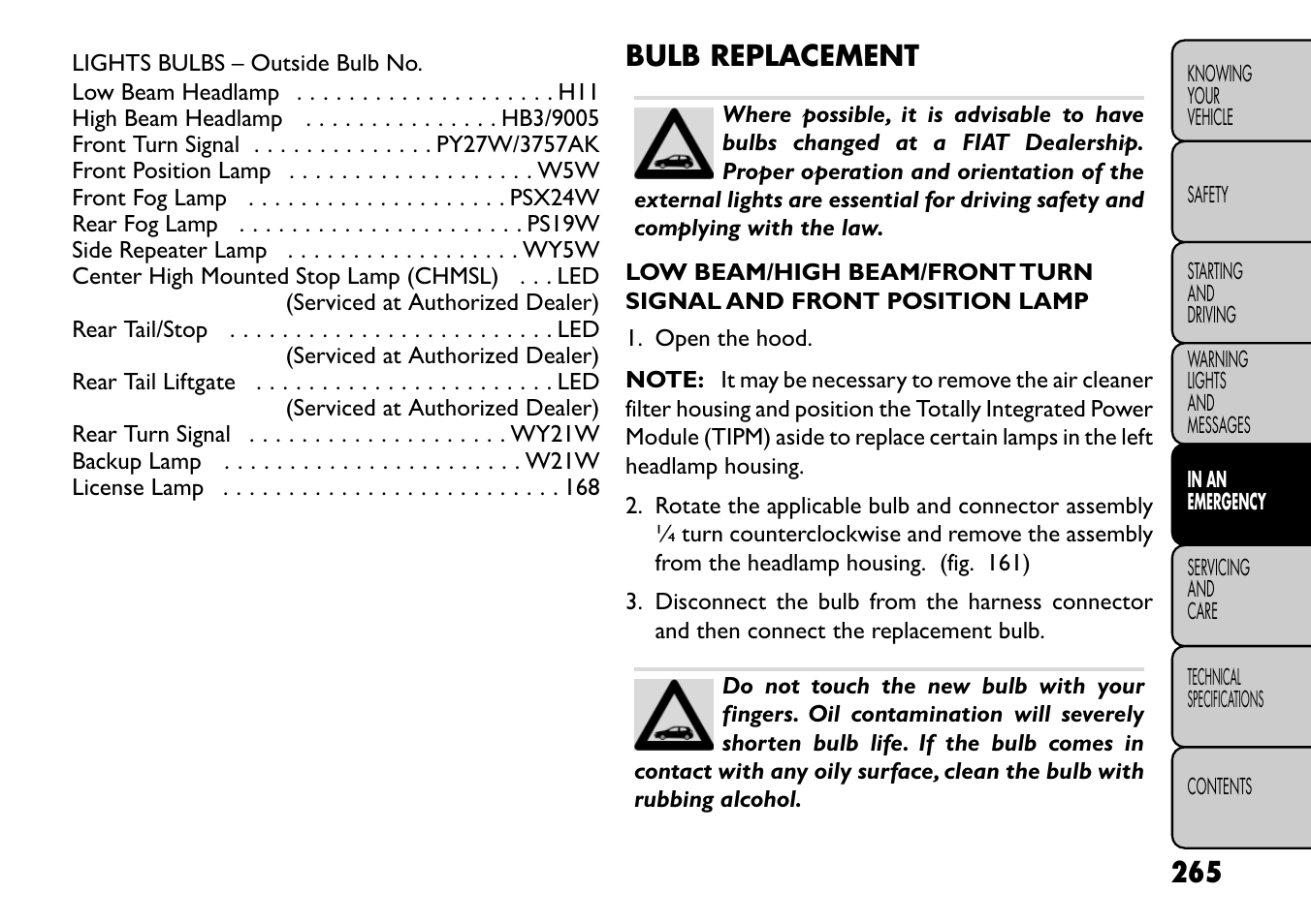 Bulb replacement | FIAT Freemont User Manual | Page 271 / 352