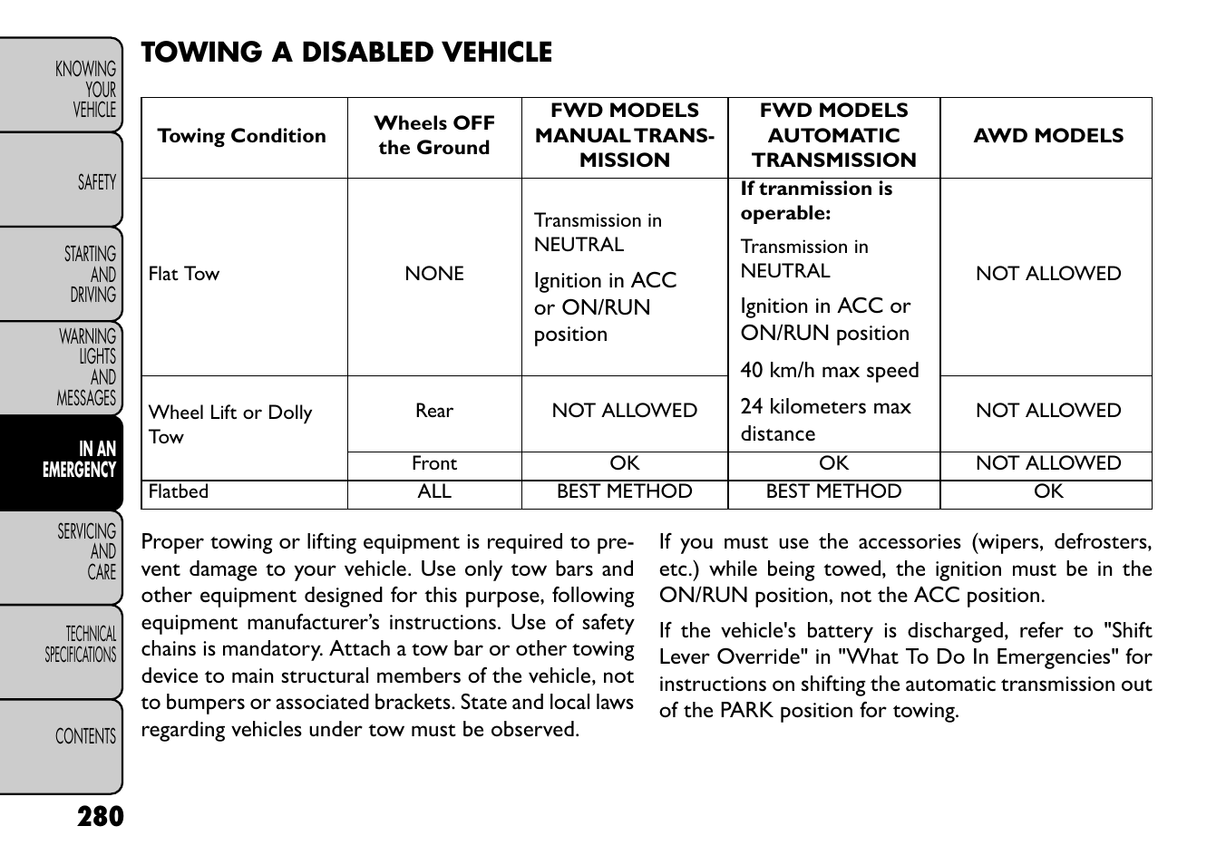 Towing a disabled vehicle | FIAT Freemont User Manual | Page 286 / 352