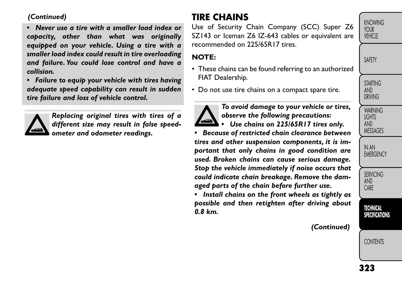 Tire chains | FIAT Freemont User Manual | Page 329 / 352