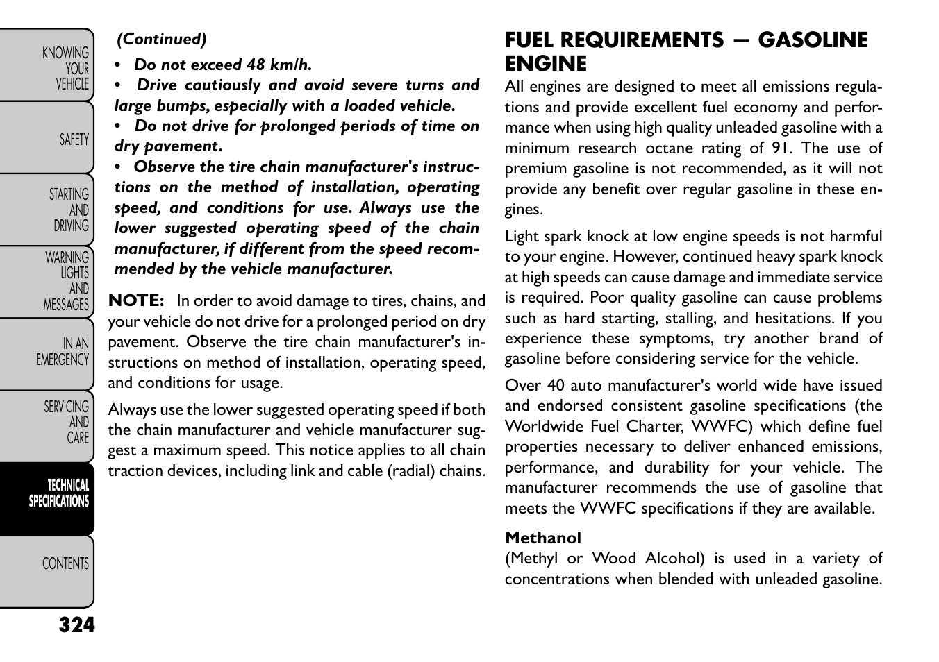 Fuel requirements — gasoline engine | FIAT Freemont User Manual | Page 330 / 352