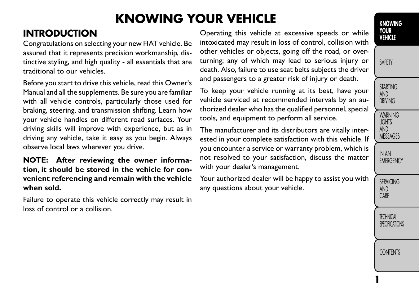 Knowing your vehicle, Introduction | FIAT Freemont User Manual | Page 7 / 352