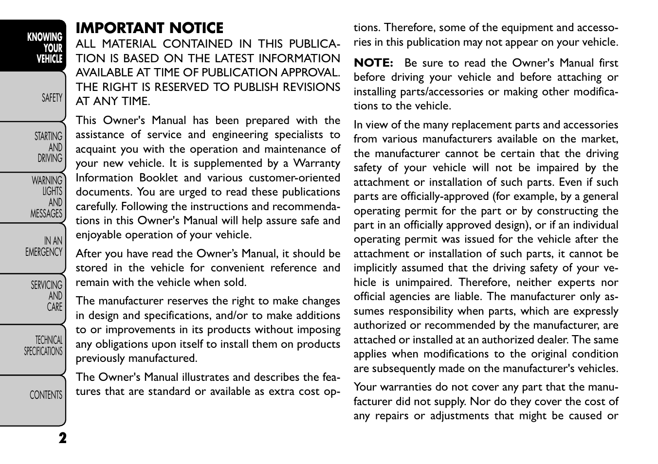 Important notice | FIAT Freemont User Manual | Page 8 / 352