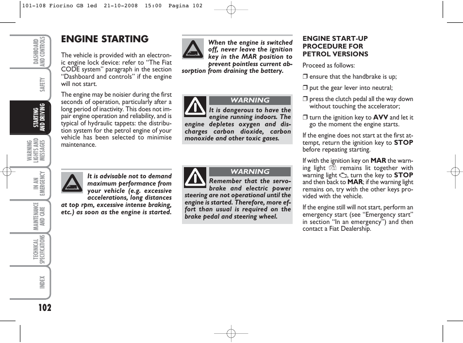 Engine starting | FIAT Qubo User Manual | Page 103 / 202