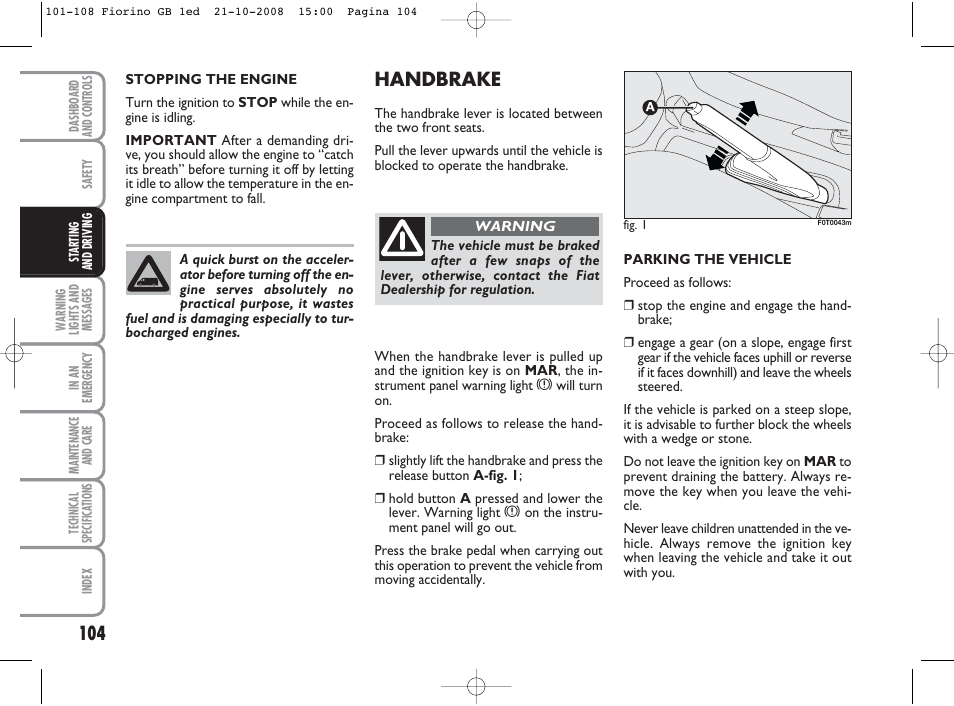 Handbrake | FIAT Qubo User Manual | Page 105 / 202