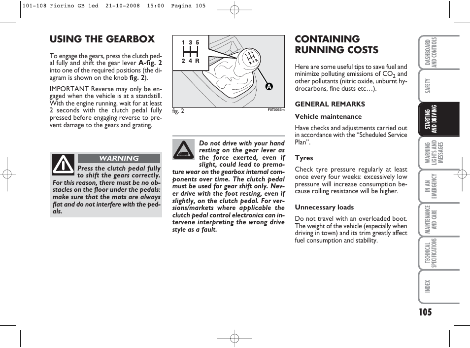 Using the gearbox, Containing running costs | FIAT Qubo User Manual | Page 106 / 202