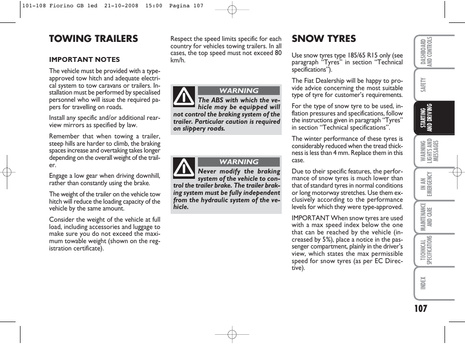 Towing trailers, Snow tyres | FIAT Qubo User Manual | Page 108 / 202