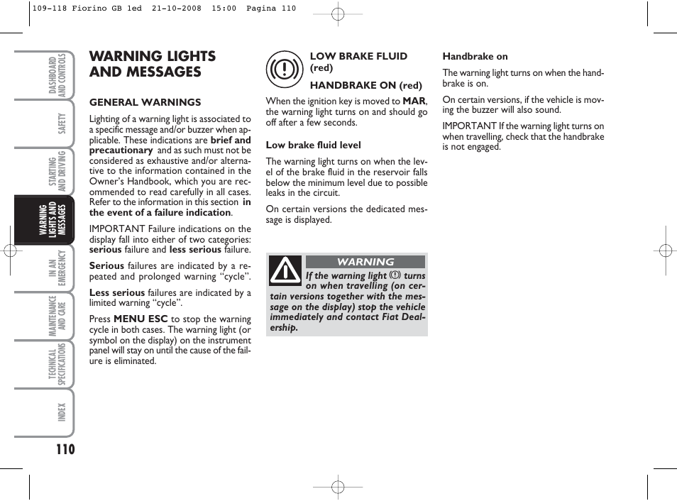 Warning lights and messages | FIAT Qubo User Manual | Page 111 / 202