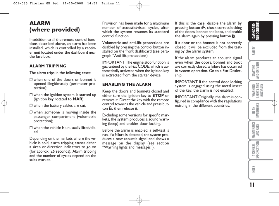 Alarm (where provided) | FIAT Qubo User Manual | Page 12 / 202