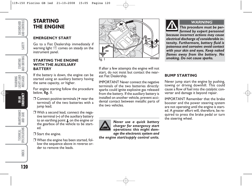 Starting the engine | FIAT Qubo User Manual | Page 121 / 202