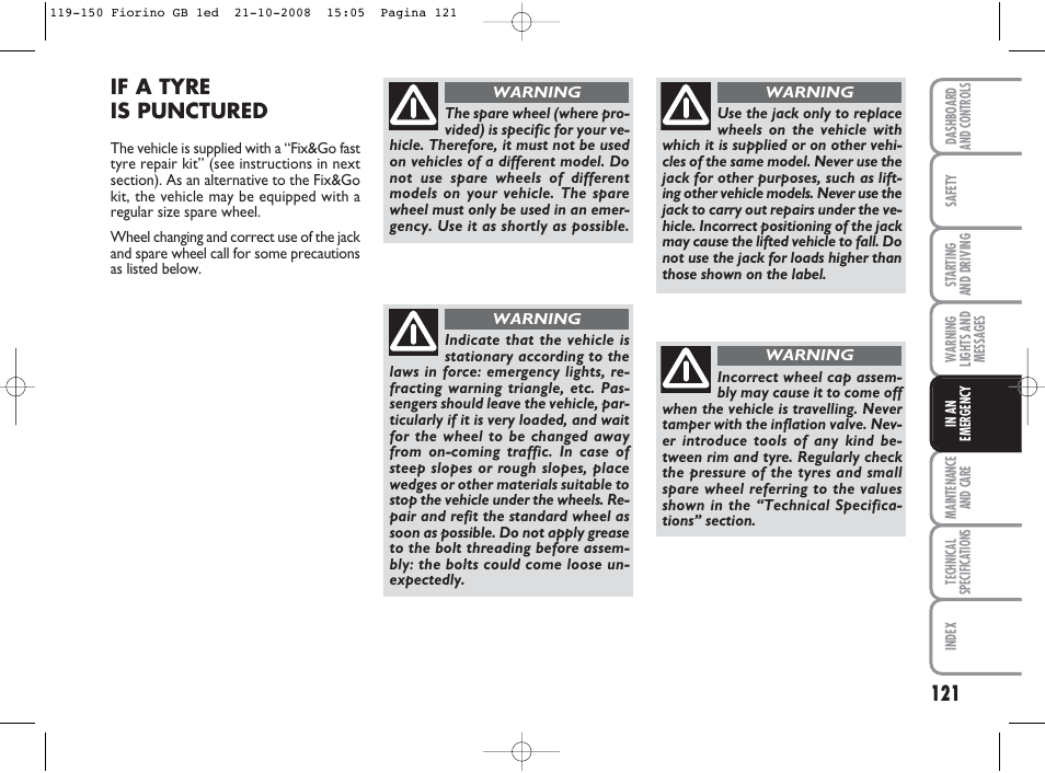 If a tyre is punctured | FIAT Qubo User Manual | Page 122 / 202