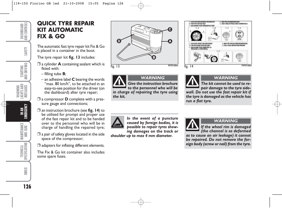 Quick tyre repair kit automatic fix & go | FIAT Qubo User Manual | Page 127 / 202