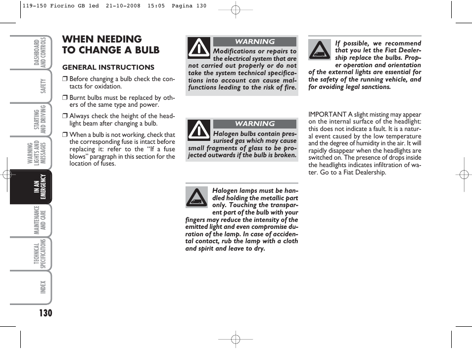 When needing to change a bulb | FIAT Qubo User Manual | Page 131 / 202