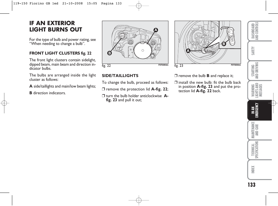 If an exterior light burns out | FIAT Qubo User Manual | Page 134 / 202