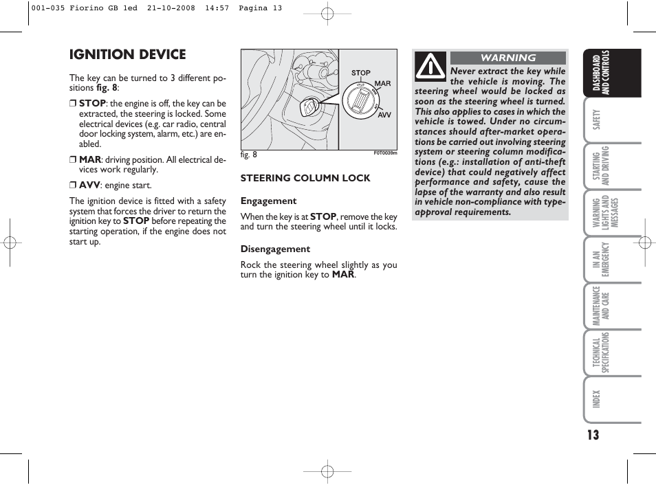 Ignition device | FIAT Qubo User Manual | Page 14 / 202