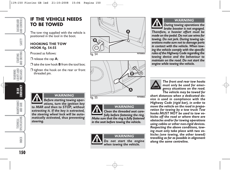 If the vehicle needs to be towed | FIAT Qubo User Manual | Page 151 / 202