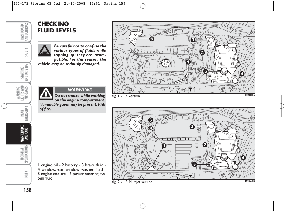 Checking fluid levels | FIAT Qubo User Manual | Page 159 / 202