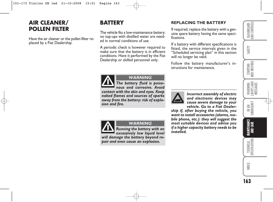 Air cleaner/ pollen filter, Battery | FIAT Qubo User Manual | Page 164 / 202