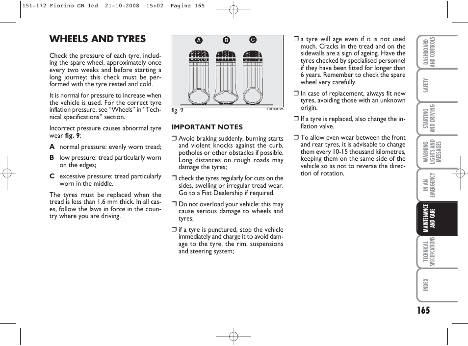 Wheels and tyres | FIAT Qubo User Manual | Page 166 / 202