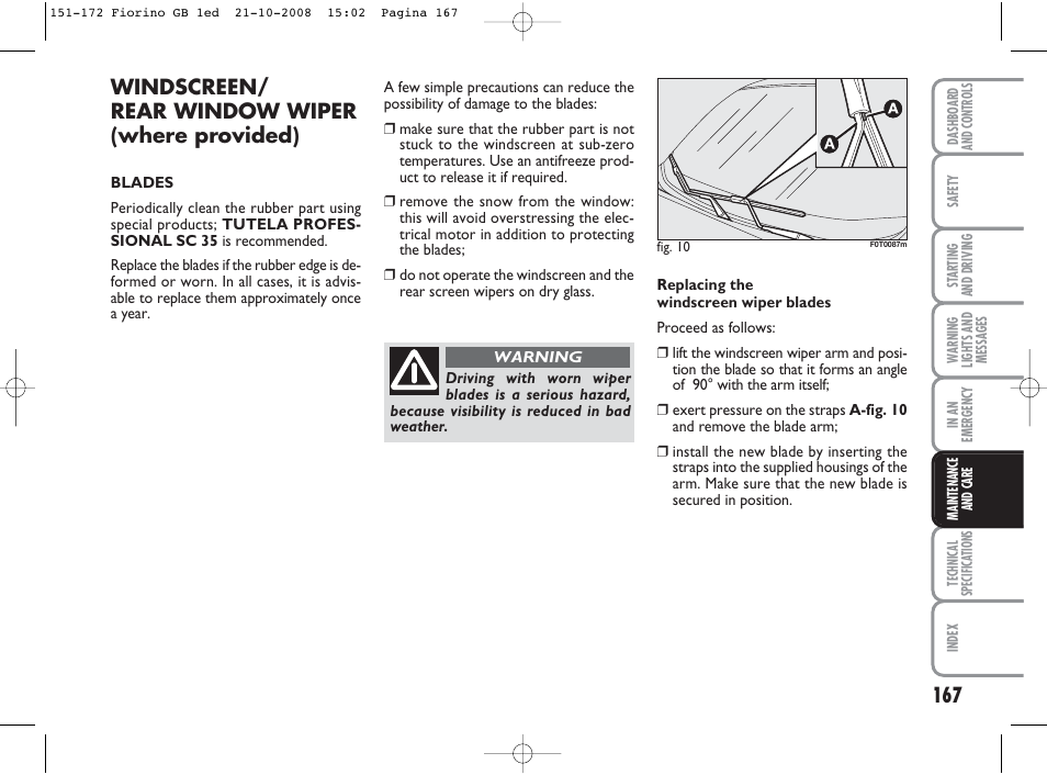 Windscreen/ rear window wiper (where provided) | FIAT Qubo User Manual | Page 168 / 202