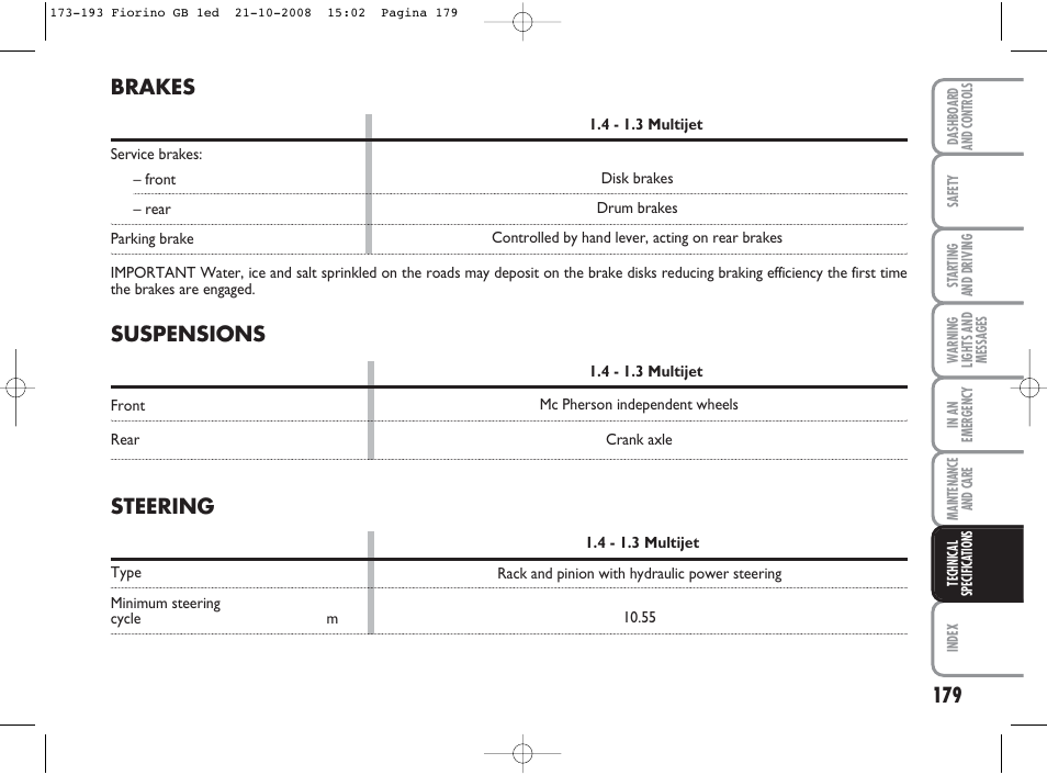 Suspensions, Brakes, Steering | FIAT Qubo User Manual | Page 180 / 202