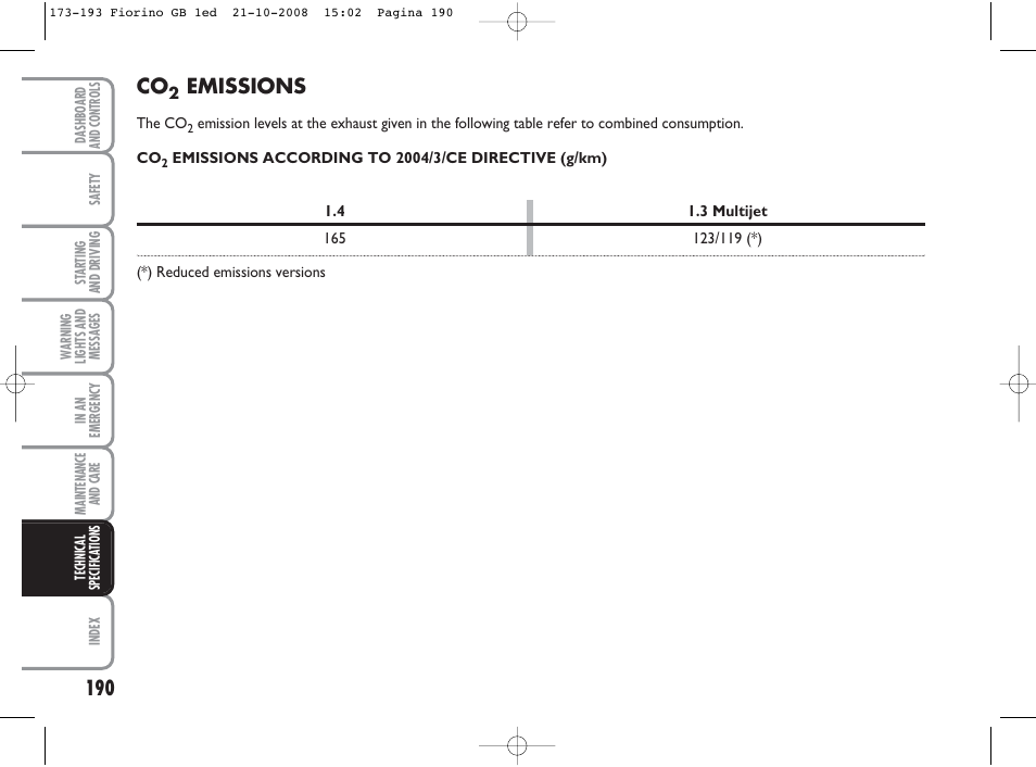 Emissions | FIAT Qubo User Manual | Page 191 / 202