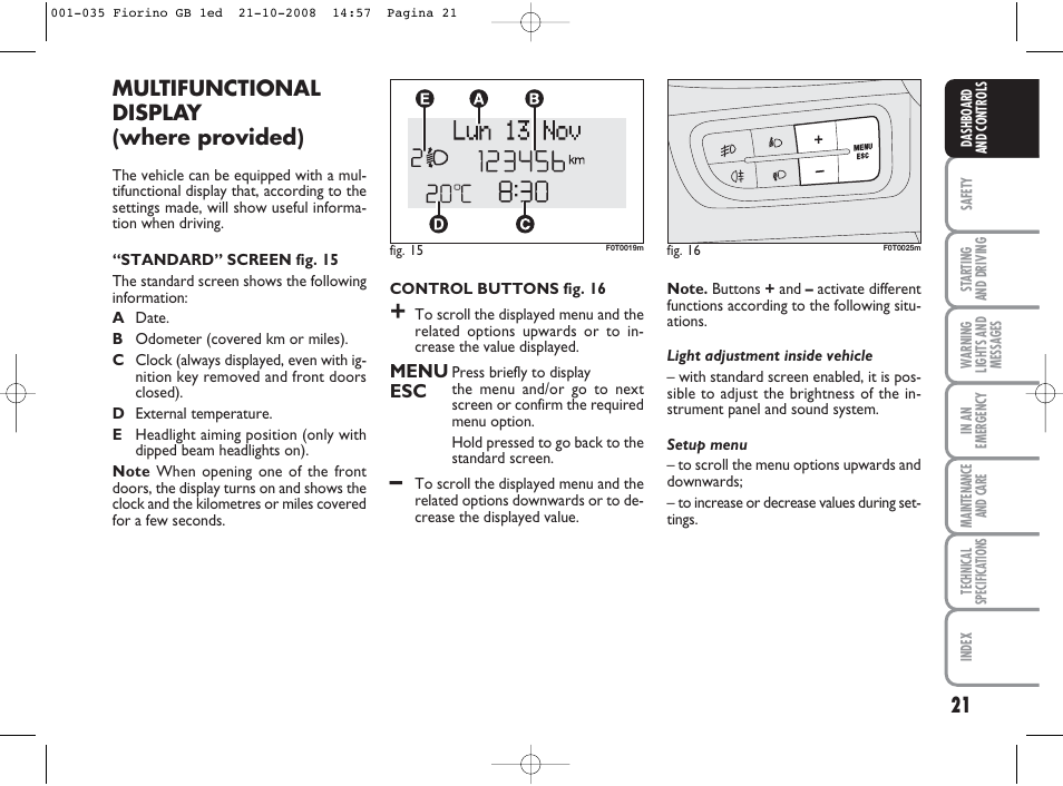 Multifunctional display (where provided) | FIAT Qubo User Manual | Page 22 / 202