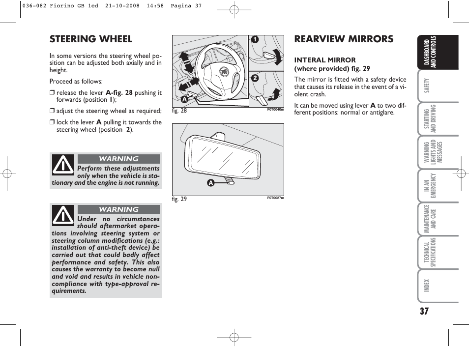 Steering wheel, Rearview mirrors | FIAT Qubo User Manual | Page 38 / 202