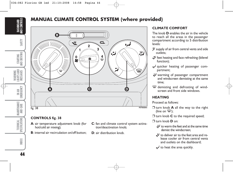 Manual climate control system (where provided) | FIAT Qubo User Manual | Page 45 / 202