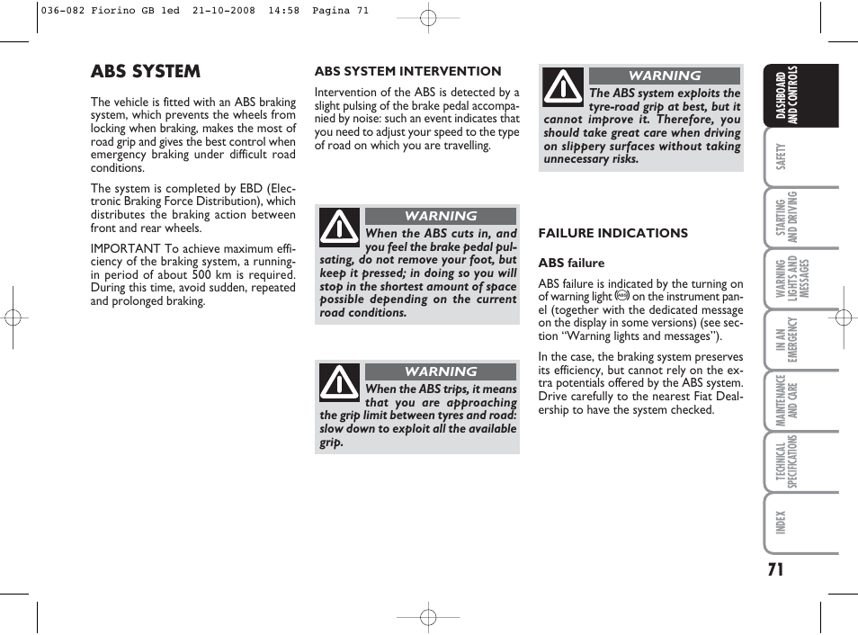 Abs system | FIAT Qubo User Manual | Page 72 / 202