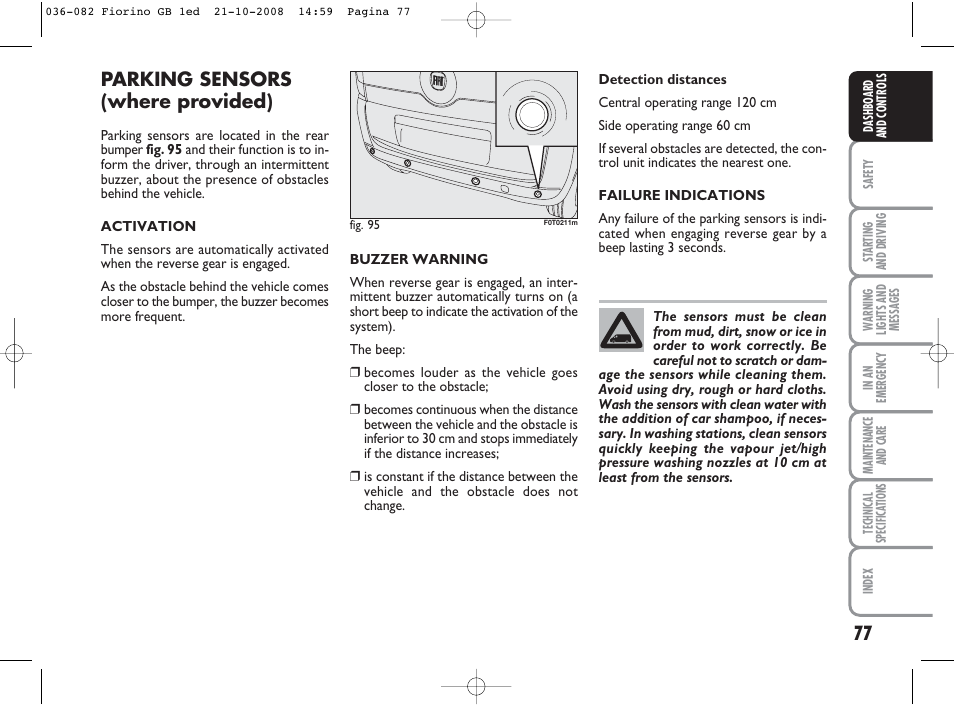 Parking sensors (where provided) | FIAT Qubo User Manual | Page 78 / 202