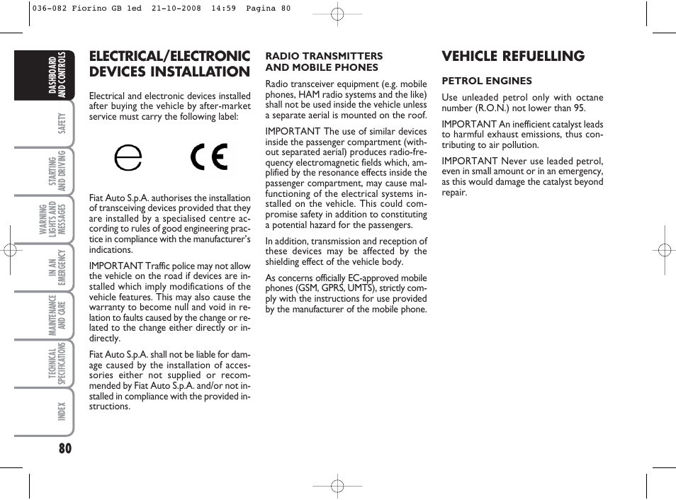 Vehicle refuelling, Electrical/electronic devices installation | FIAT Qubo User Manual | Page 81 / 202