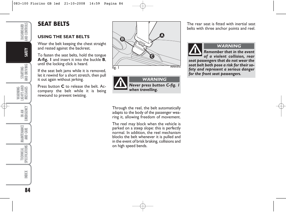 Seat belts | FIAT Qubo User Manual | Page 85 / 202