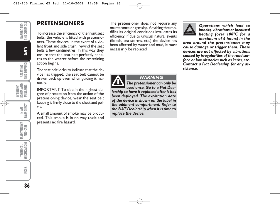 Pretensioners | FIAT Qubo User Manual | Page 87 / 202