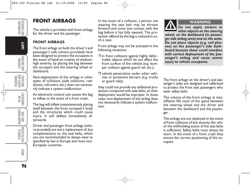 Front airbags | FIAT Qubo User Manual | Page 97 / 202