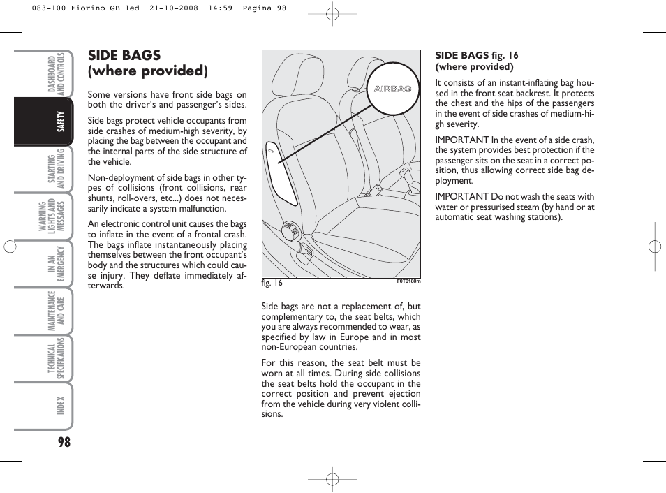 Side bags (where provided) | FIAT Qubo User Manual | Page 99 / 202