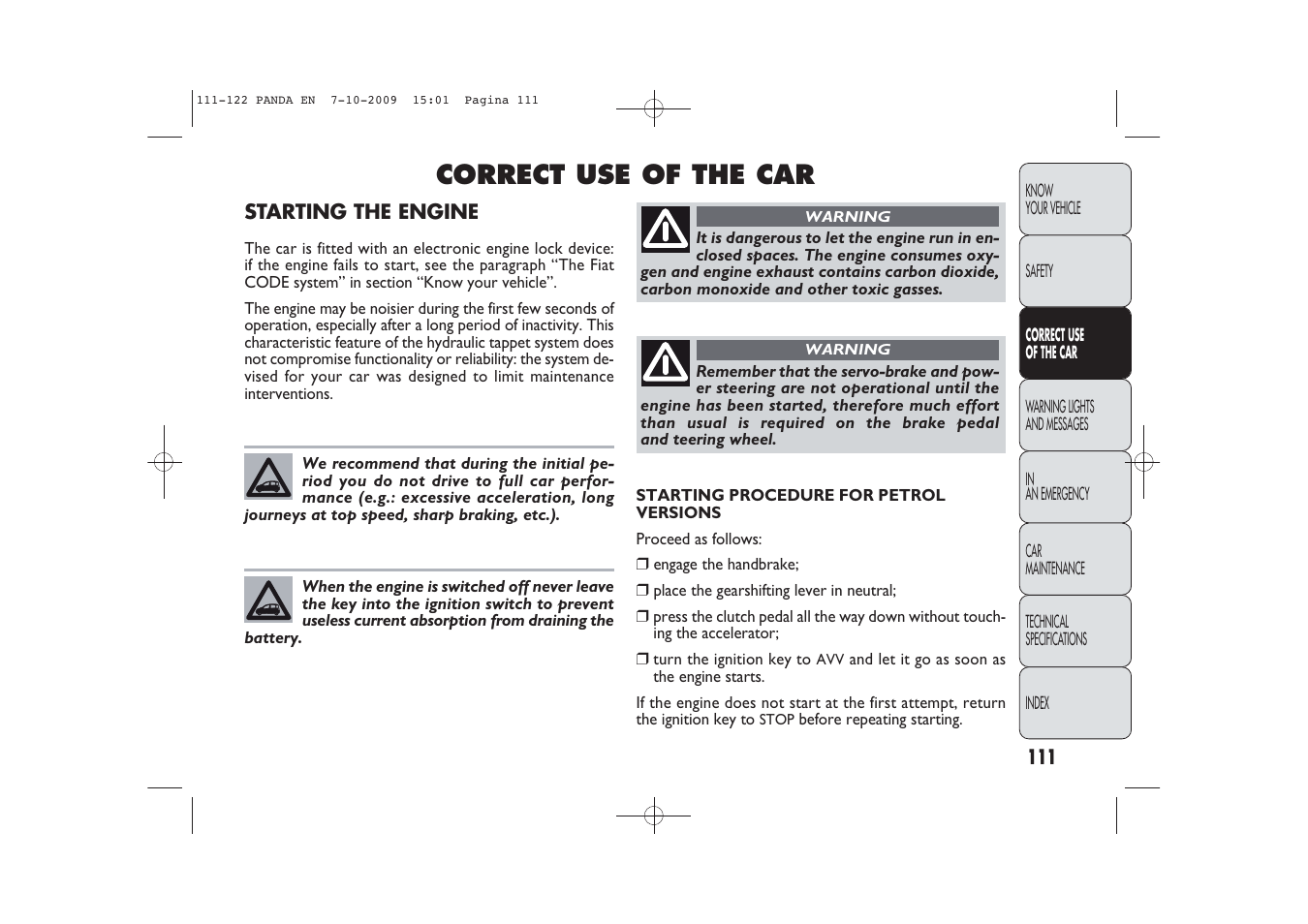 Correct use of the car | FIAT Panda Classic User Manual | Page 112 / 226