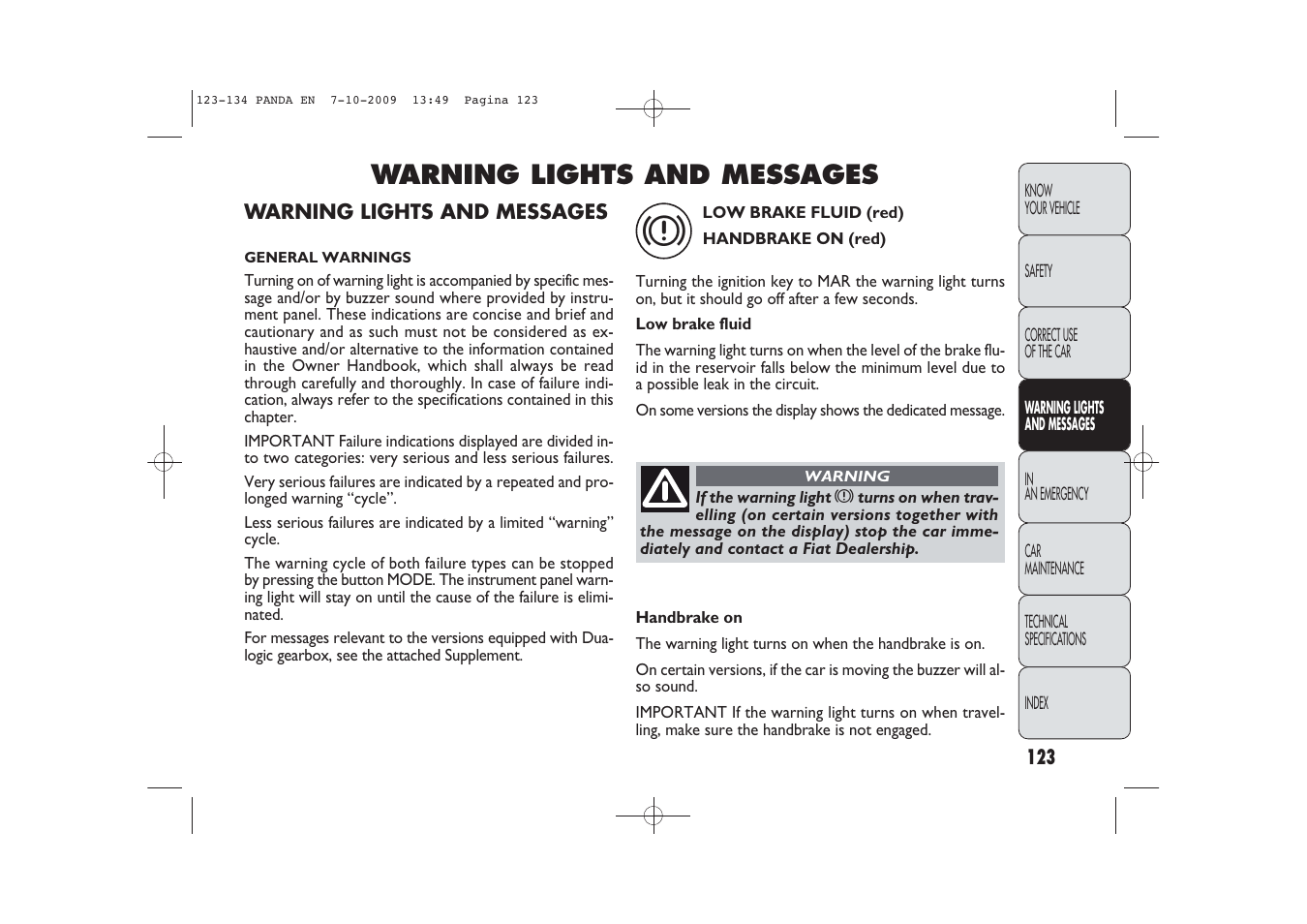 Warning lights and messages | FIAT Panda Classic User Manual | Page 124 / 226