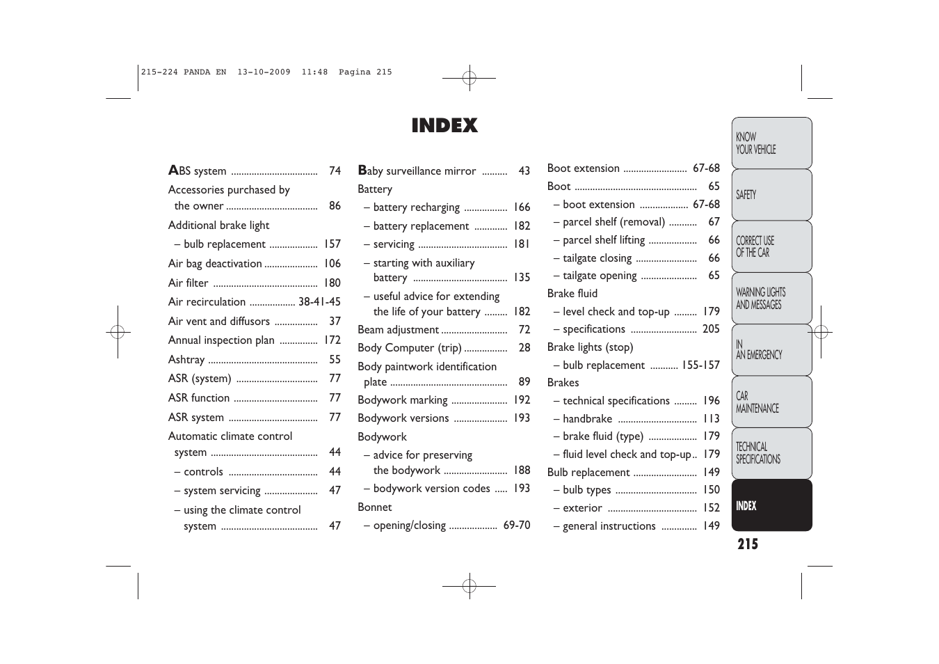 Index | FIAT Panda Classic User Manual | Page 216 / 226