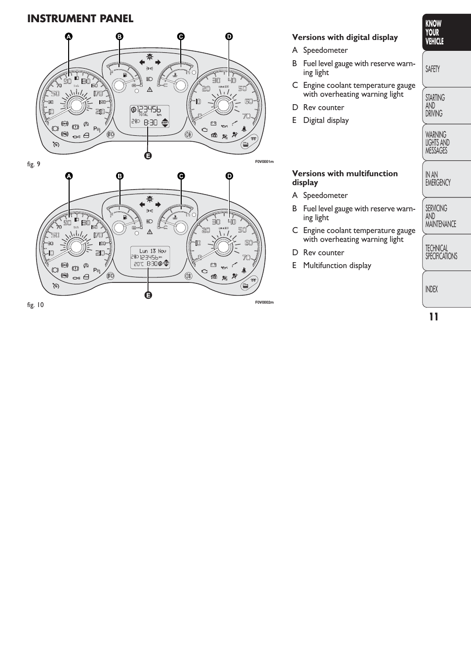 Instrument panel | FIAT Nuovo Doblo' Panorama User Manual | Page 12 / 274