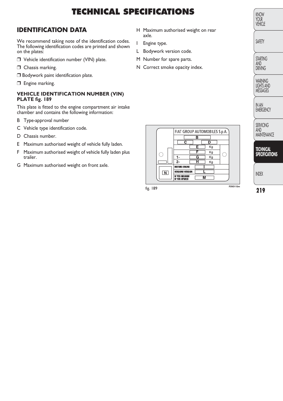 Technical specifications | FIAT Nuovo Doblo' Panorama User Manual | Page 220 / 274