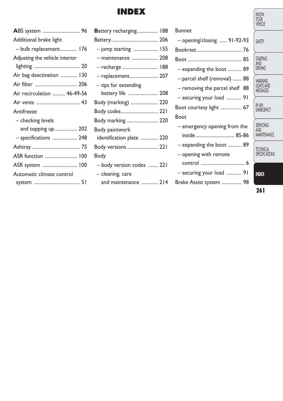 Index | FIAT Nuovo Doblo' Panorama User Manual | Page 262 / 274