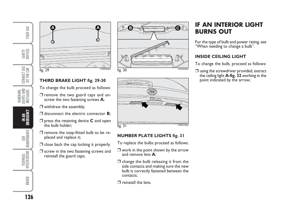 If an interior light burns out | FIAT 500 User Manual | Page 127 / 186