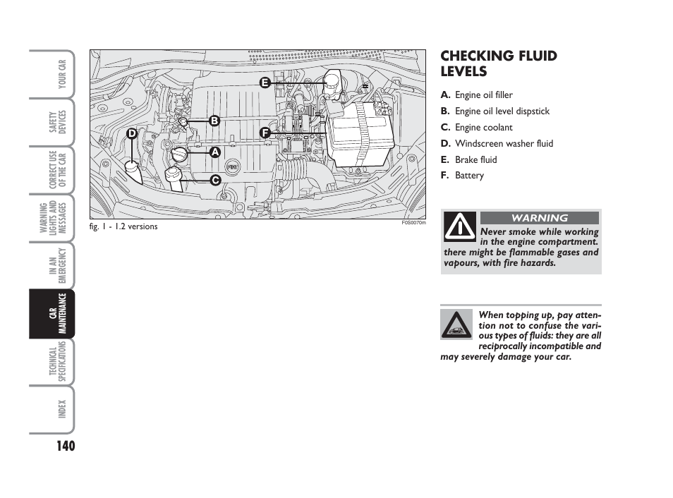 Checking fluid levels | FIAT 500 User Manual | Page 141 / 186