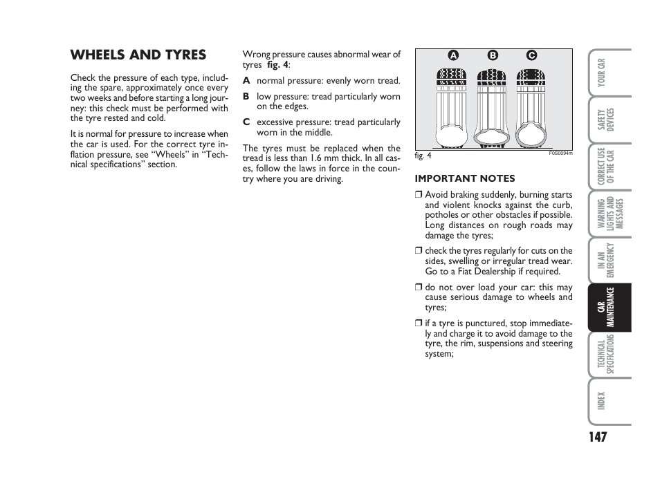 Wheels and tyres | FIAT 500 User Manual | Page 148 / 186