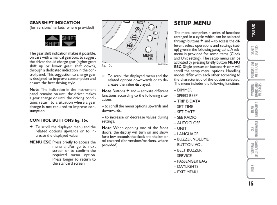 Setup menu | FIAT 500 User Manual | Page 16 / 186