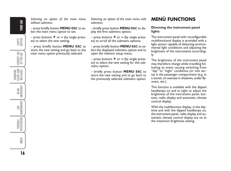 Menù functions | FIAT 500 User Manual | Page 17 / 186